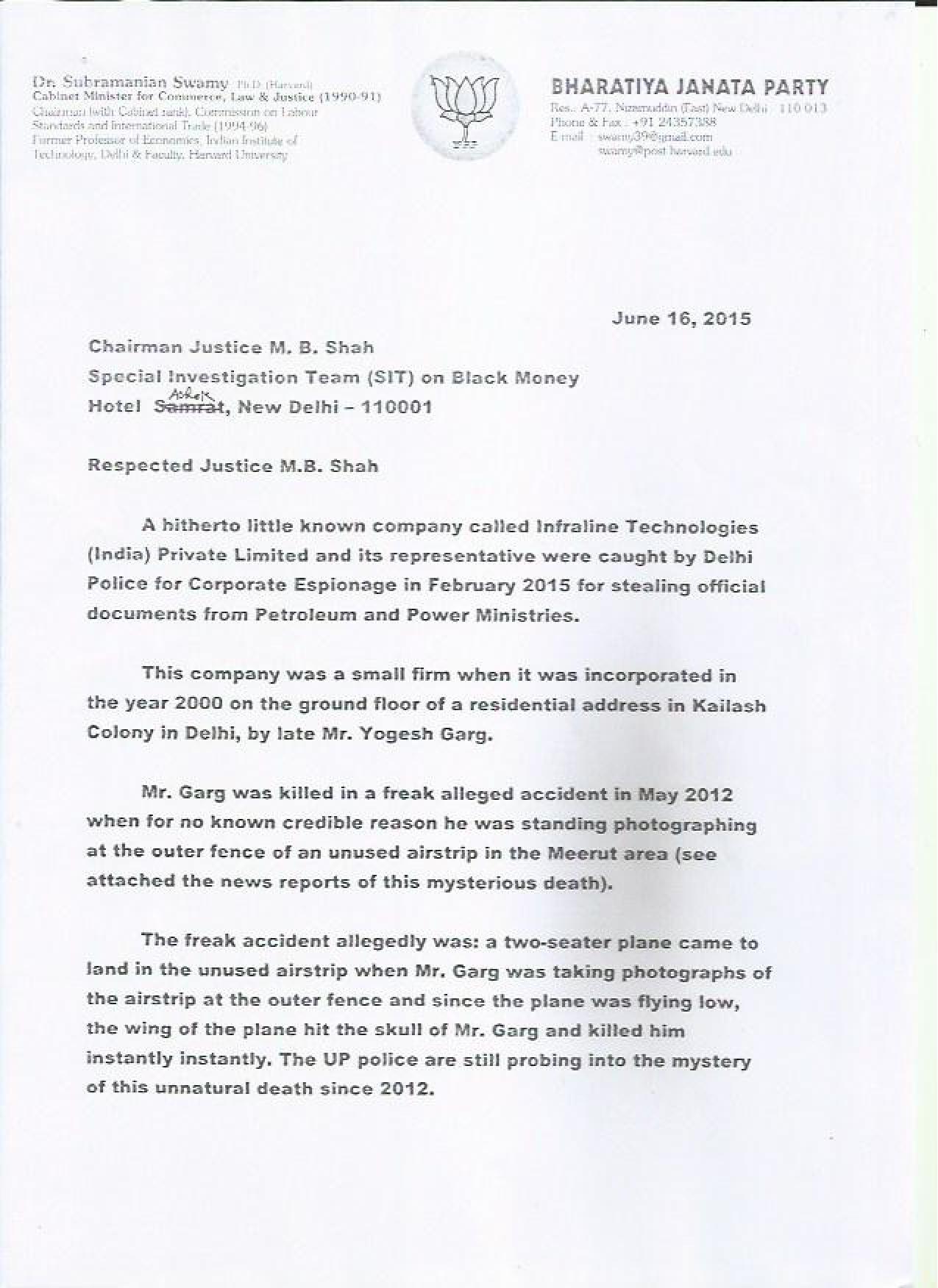 Subramanian Swamy s complaint to SIT Black Money against Infraline Technology June 16,2015-page-001
